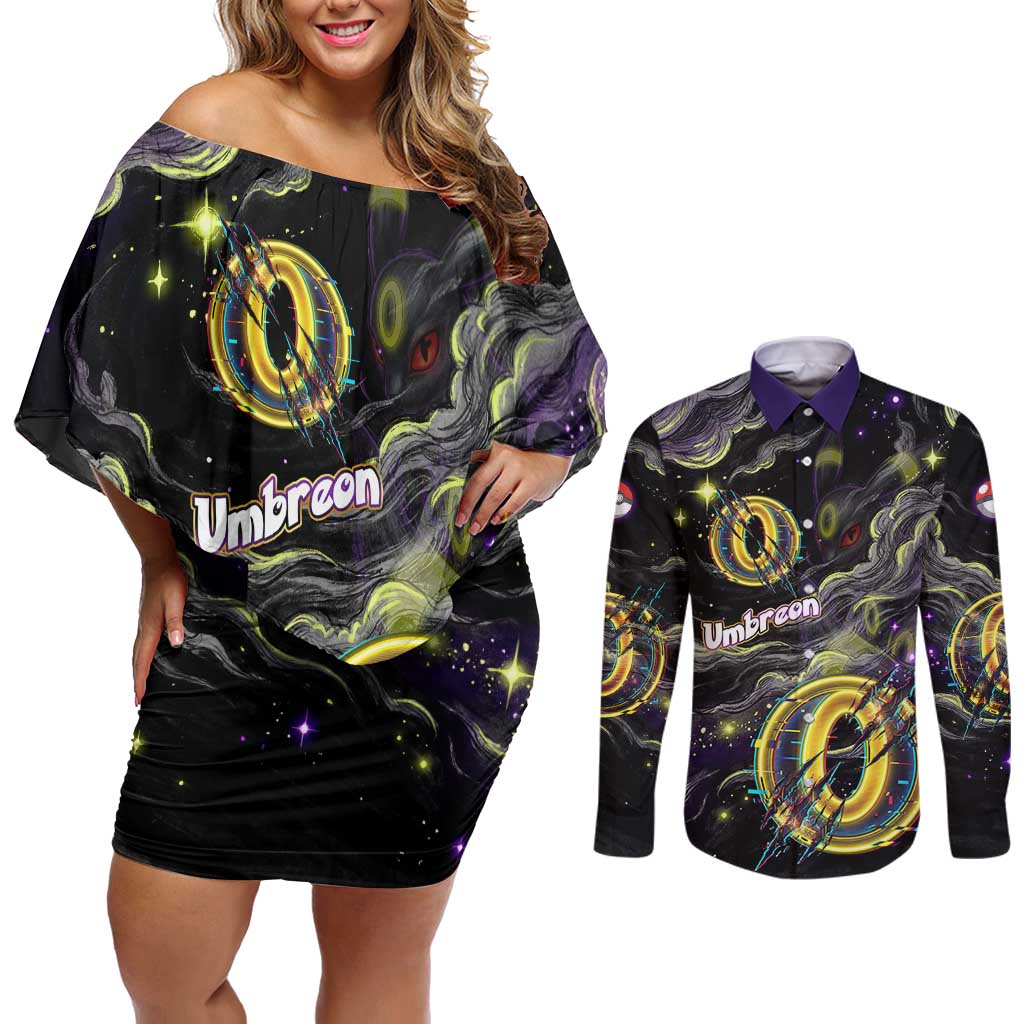 Umbreon Couples Matching Off Shoulder Short Dress and Long Sleeve Button Shirt Cosmic Neon Galaxy Art