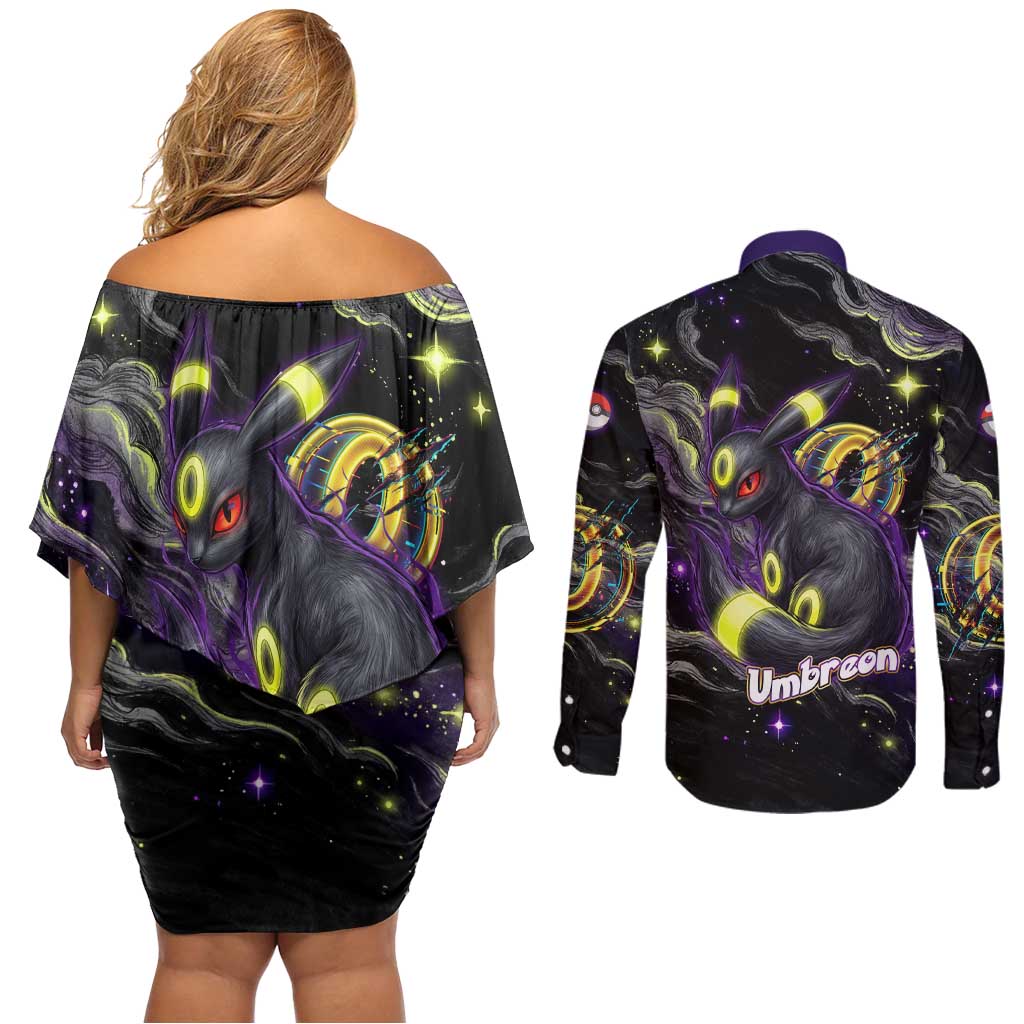 Umbreon Couples Matching Off Shoulder Short Dress and Long Sleeve Button Shirt Cosmic Neon Galaxy Art