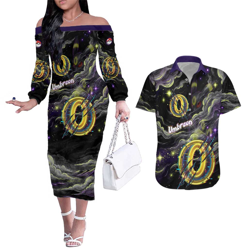 Umbreon Couples Matching Off The Shoulder Long Sleeve Dress and Hawaiian Shirt Cosmic Neon Galaxy Art
