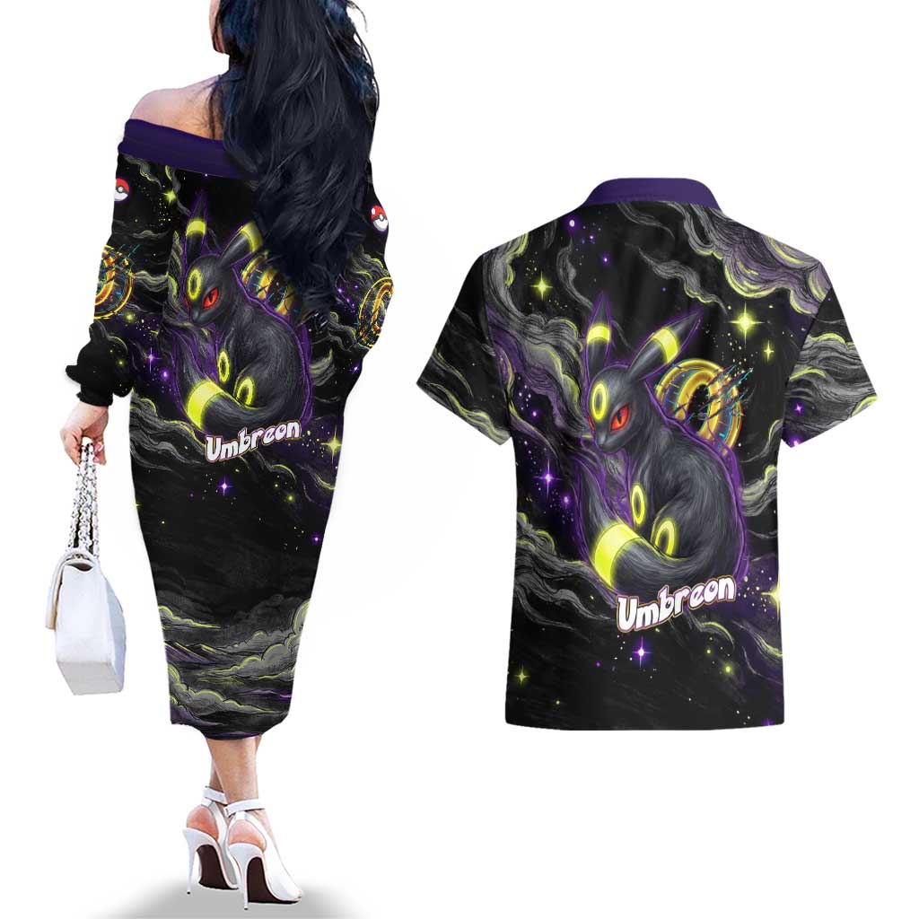 Umbreon Couples Matching Off The Shoulder Long Sleeve Dress and Hawaiian Shirt Cosmic Neon Galaxy Art