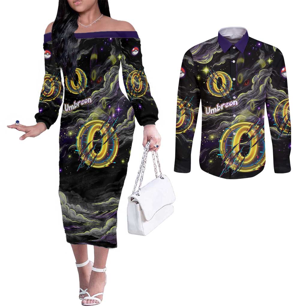 Umbreon Couples Matching Off The Shoulder Long Sleeve Dress and Long Sleeve Button Shirt Cosmic Neon Galaxy Art