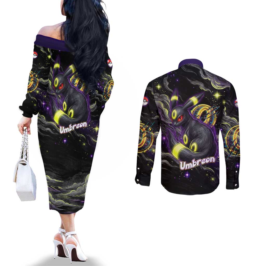 Umbreon Couples Matching Off The Shoulder Long Sleeve Dress and Long Sleeve Button Shirt Cosmic Neon Galaxy Art