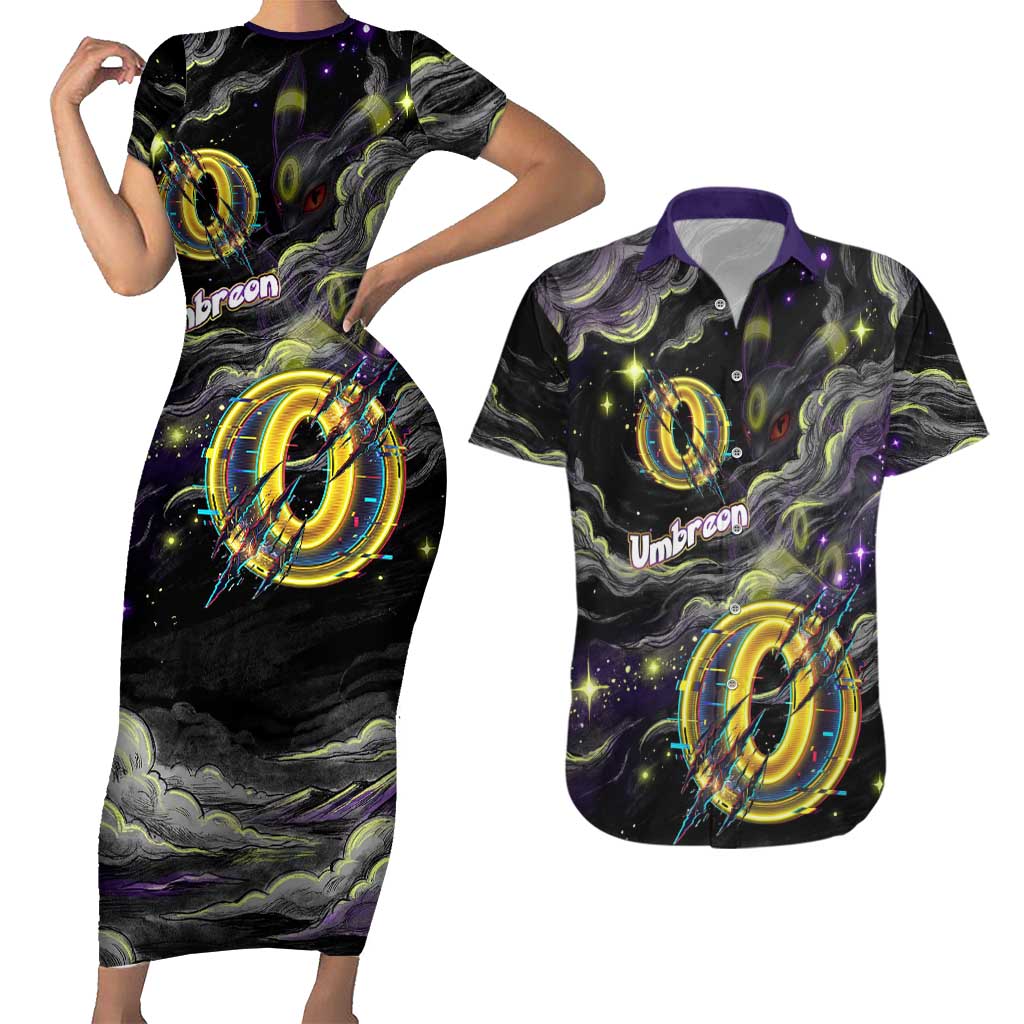 Umbreon Couples Matching Short Sleeve Bodycon Dress and Hawaiian Shirt Cosmic Neon Galaxy Art