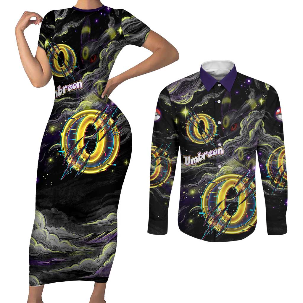 Umbreon Couples Matching Short Sleeve Bodycon Dress and Long Sleeve Button Shirt Cosmic Neon Galaxy Art
