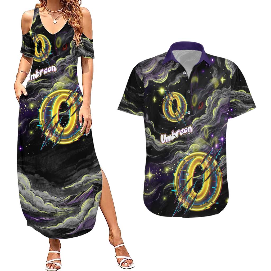Umbreon Couples Matching Summer Maxi Dress and Hawaiian Shirt Cosmic Neon Galaxy Art