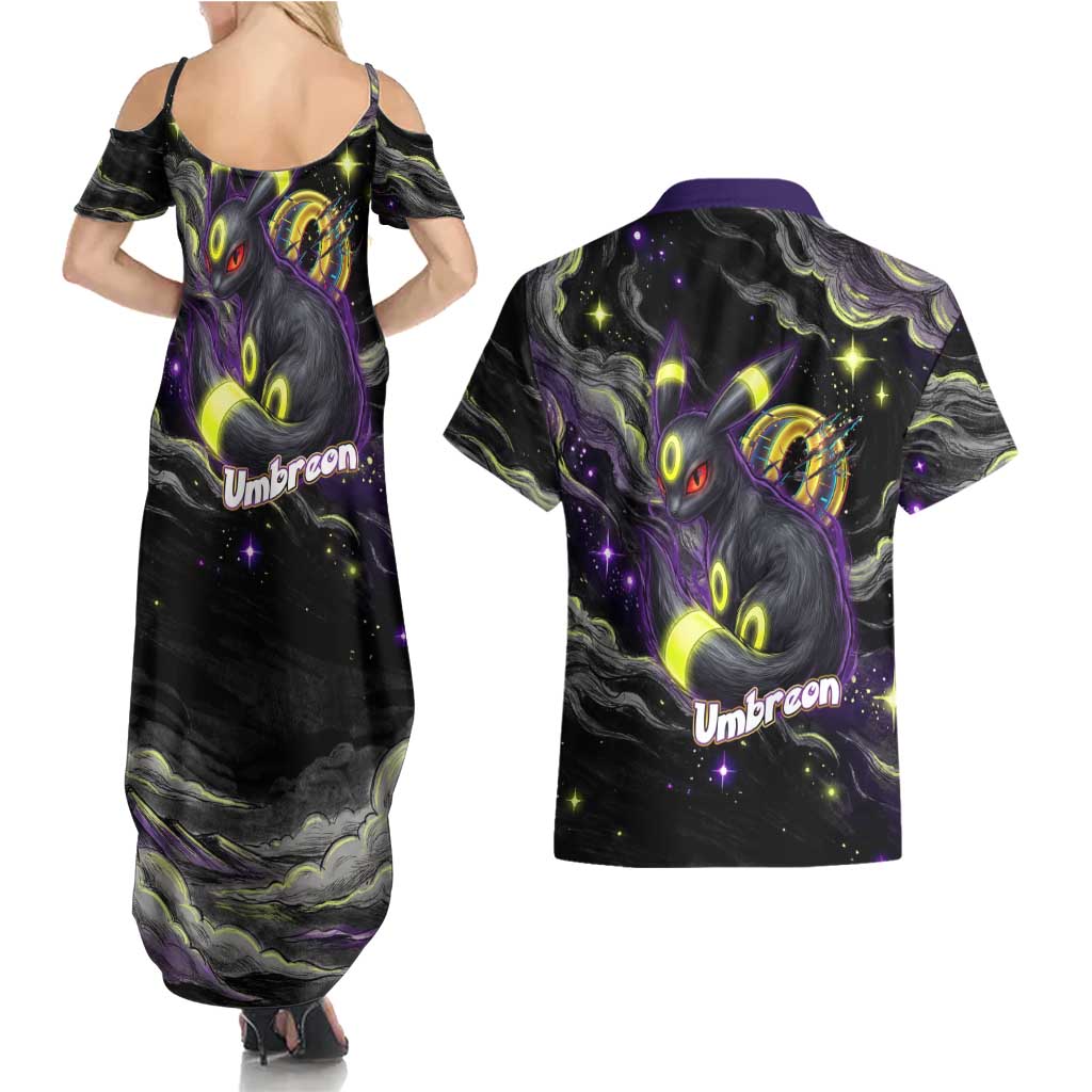 Umbreon Couples Matching Summer Maxi Dress and Hawaiian Shirt Cosmic Neon Galaxy Art