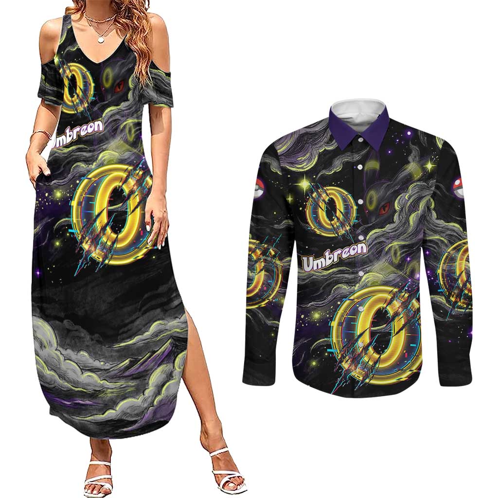 Umbreon Couples Matching Summer Maxi Dress and Long Sleeve Button Shirt Cosmic Neon Galaxy Art