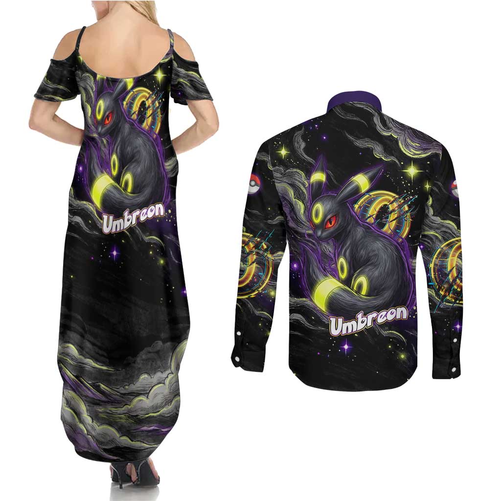 Umbreon Couples Matching Summer Maxi Dress and Long Sleeve Button Shirt Cosmic Neon Galaxy Art