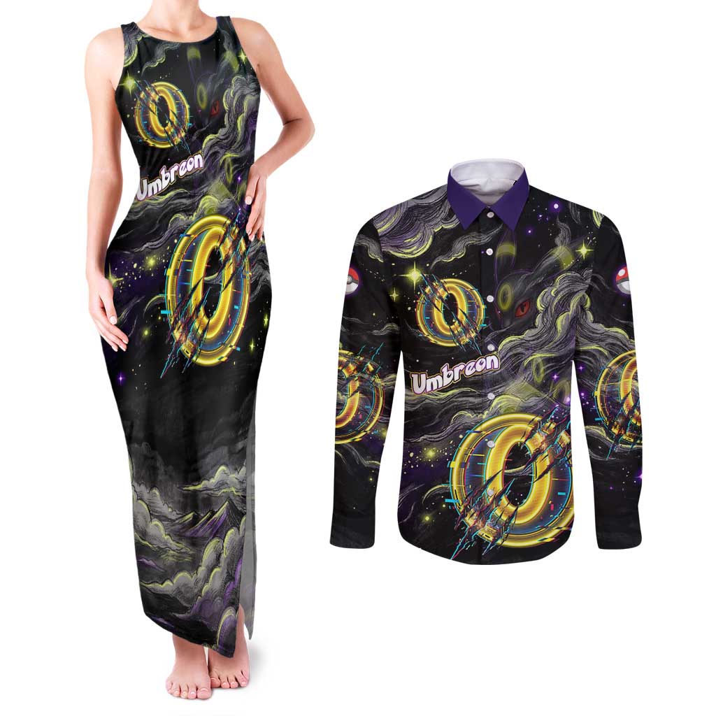 Umbreon Couples Matching Tank Maxi Dress and Long Sleeve Button Shirt Cosmic Neon Galaxy Art