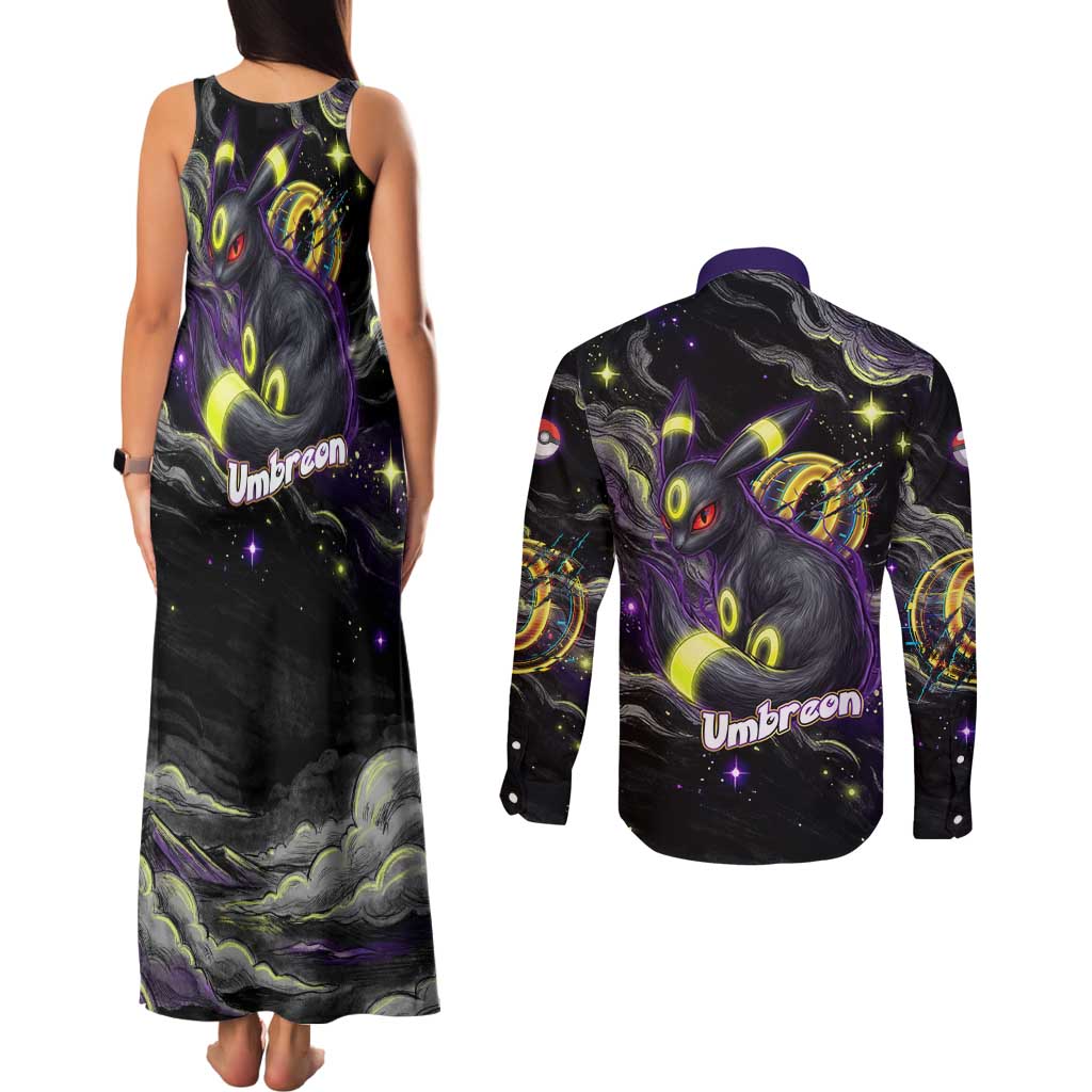 Umbreon Couples Matching Tank Maxi Dress and Long Sleeve Button Shirt Cosmic Neon Galaxy Art
