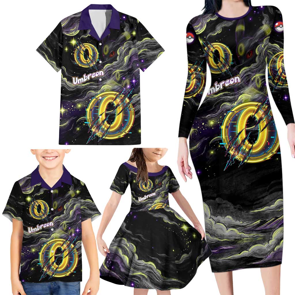 Umbreon Family Matching Long Sleeve Bodycon Dress and Hawaiian Shirt Cosmic Neon Galaxy Art