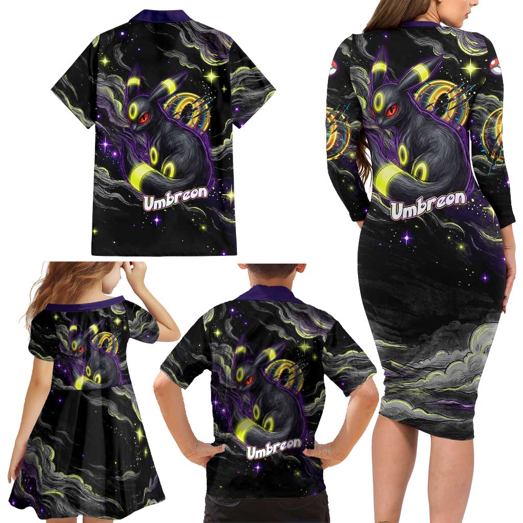 Umbreon Family Matching Long Sleeve Bodycon Dress and Hawaiian Shirt Cosmic Neon Galaxy Art