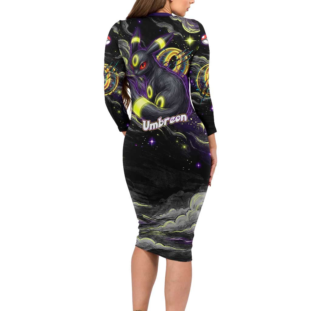 Umbreon Family Matching Long Sleeve Bodycon Dress and Hawaiian Shirt Cosmic Neon Galaxy Art