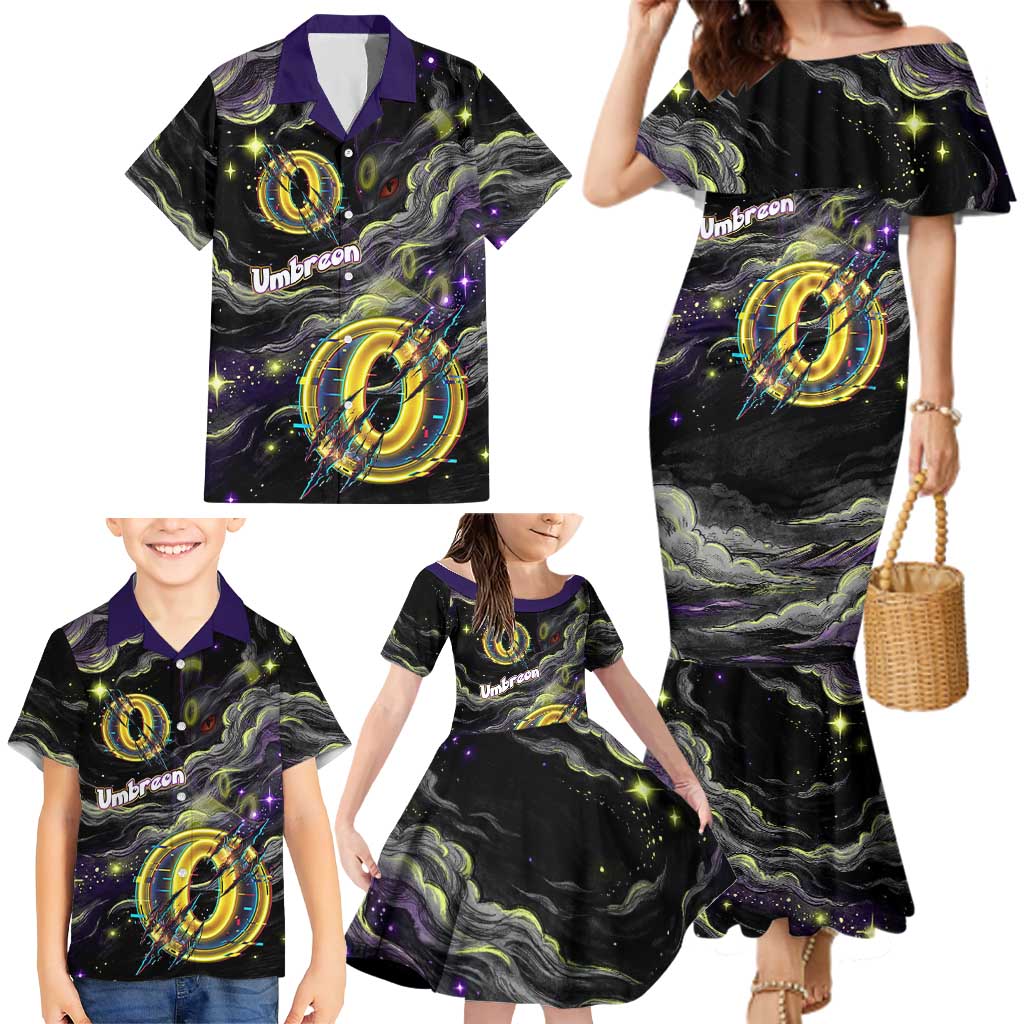 Umbreon Family Matching Mermaid Dress and Hawaiian Shirt Cosmic Neon Galaxy Art
