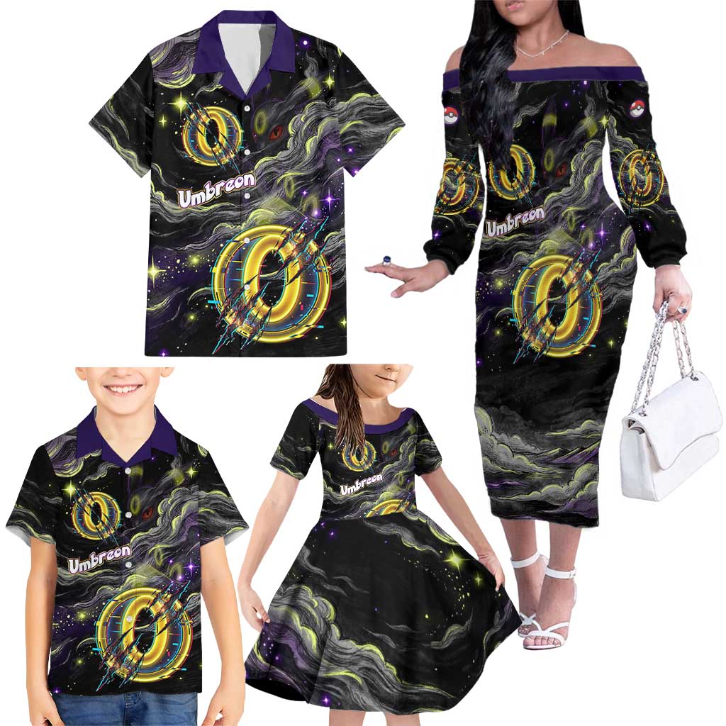 Umbreon Family Matching Off The Shoulder Long Sleeve Dress and Hawaiian Shirt Cosmic Neon Galaxy Art