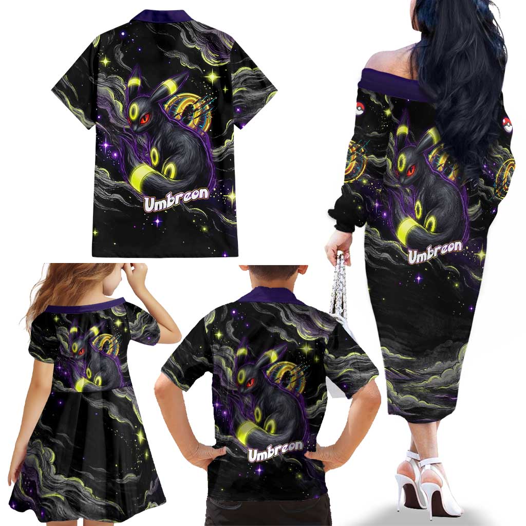 Umbreon Family Matching Off The Shoulder Long Sleeve Dress and Hawaiian Shirt Cosmic Neon Galaxy Art