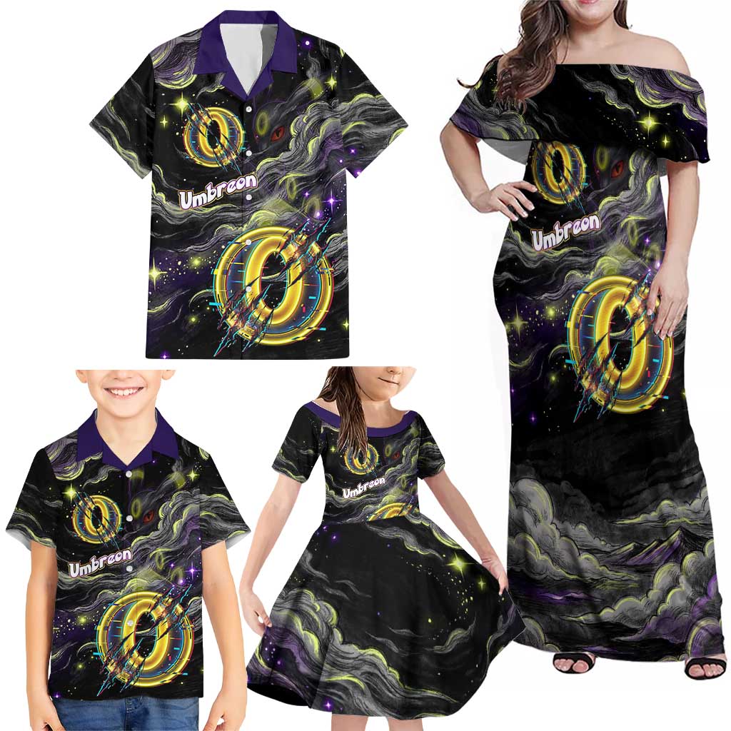 Umbreon Family Matching Off Shoulder Maxi Dress and Hawaiian Shirt Cosmic Neon Galaxy Art
