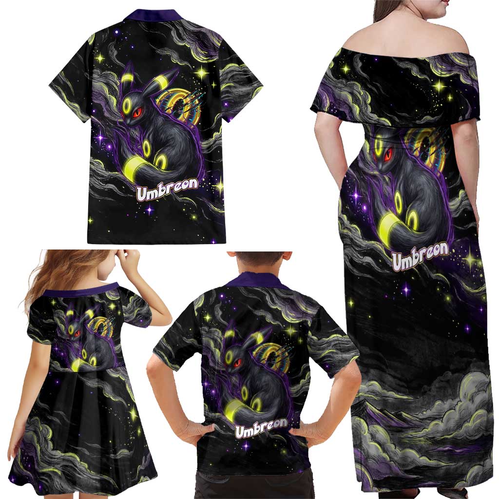 Umbreon Family Matching Off Shoulder Maxi Dress and Hawaiian Shirt Cosmic Neon Galaxy Art