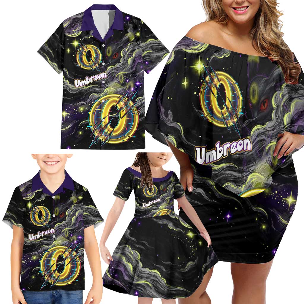 Umbreon Family Matching Off Shoulder Short Dress and Hawaiian Shirt Cosmic Neon Galaxy Art
