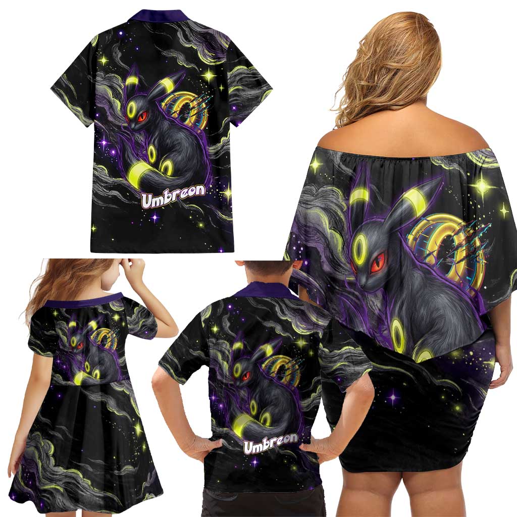 Umbreon Family Matching Off Shoulder Short Dress and Hawaiian Shirt Cosmic Neon Galaxy Art