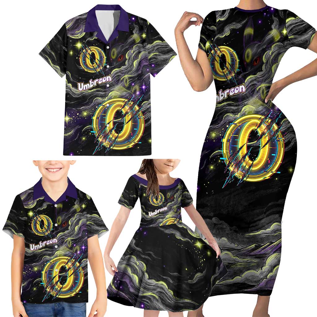 Umbreon Family Matching Short Sleeve Bodycon Dress and Hawaiian Shirt Cosmic Neon Galaxy Art