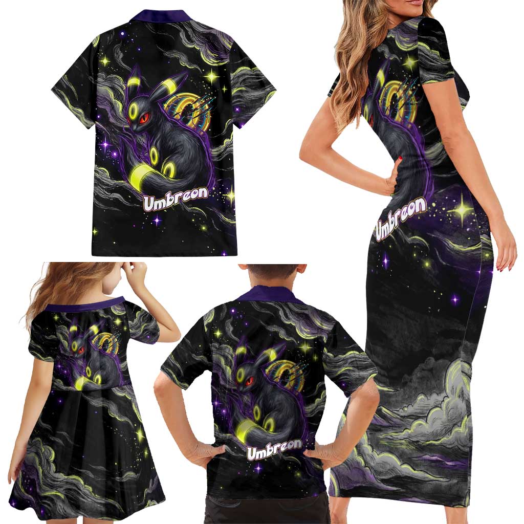 Umbreon Family Matching Short Sleeve Bodycon Dress and Hawaiian Shirt Cosmic Neon Galaxy Art