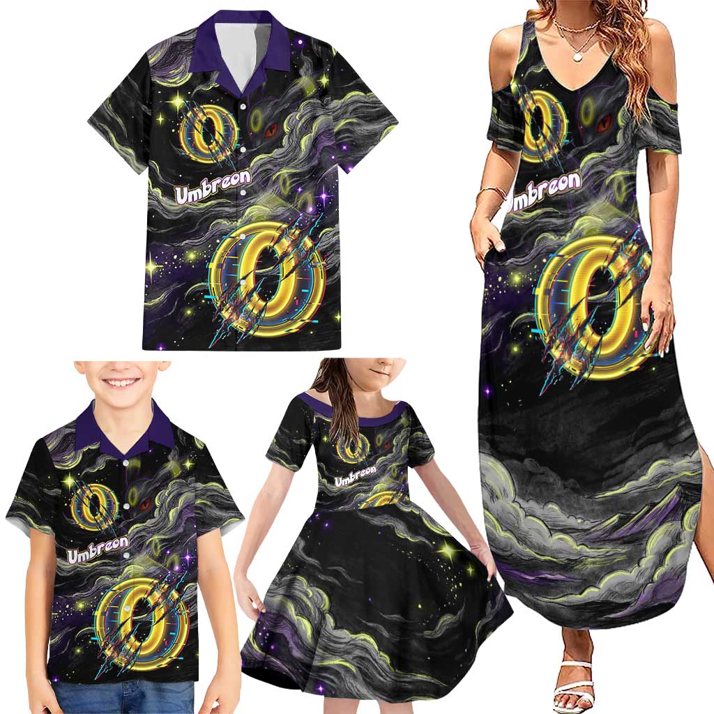 Umbreon Family Matching Summer Maxi Dress and Hawaiian Shirt Cosmic Neon Galaxy Art