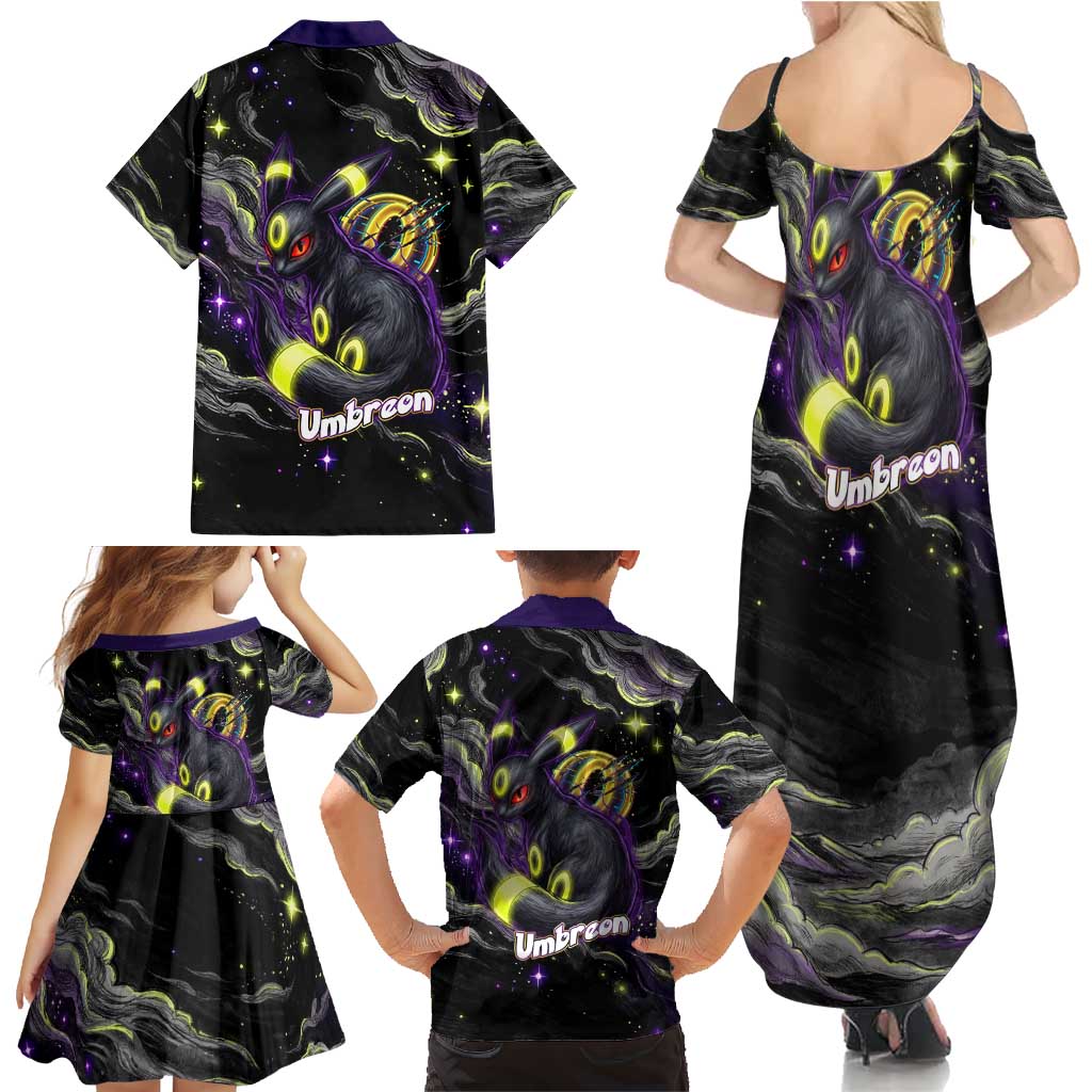 Umbreon Family Matching Summer Maxi Dress and Hawaiian Shirt Cosmic Neon Galaxy Art
