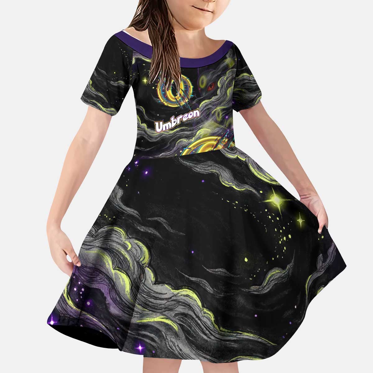 Umbreon Kid Short Sleeve Dress Cosmic Neon Galaxy Art