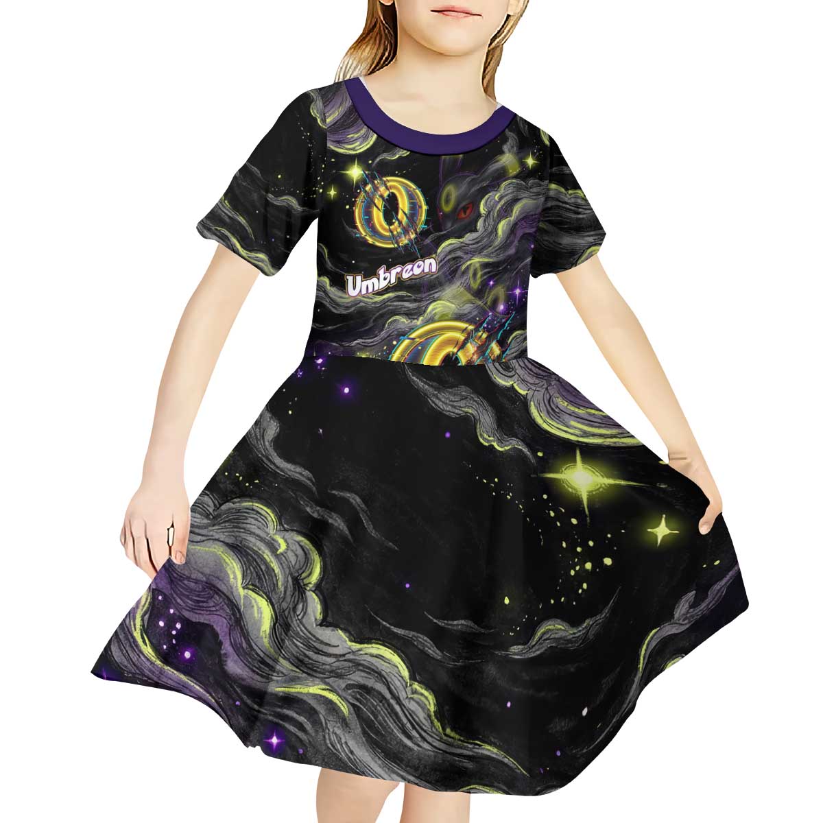 Umbreon Kid Short Sleeve Dress Cosmic Neon Galaxy Art
