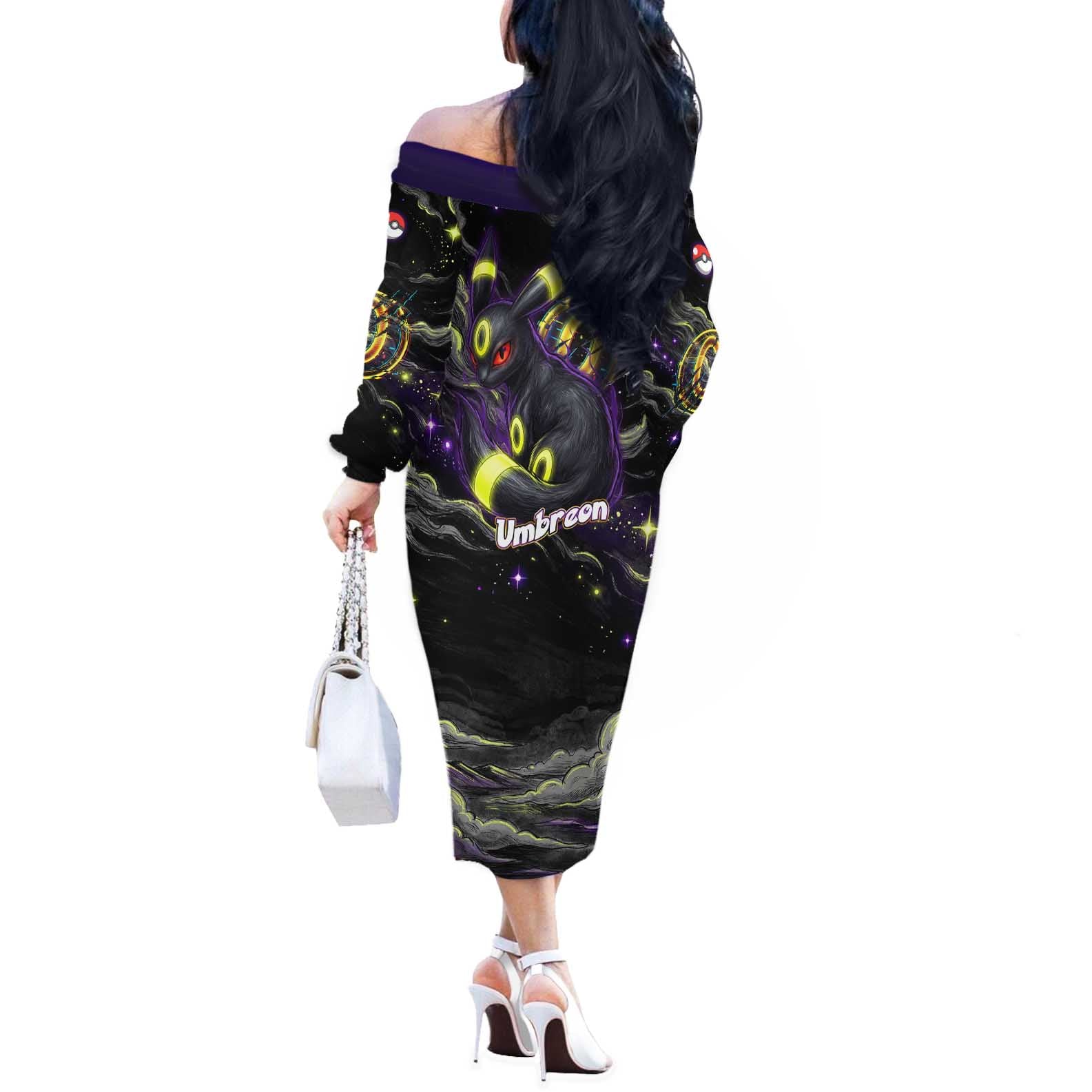 Umbreon Off The Shoulder Long Sleeve Dress Cosmic Neon Galaxy Art