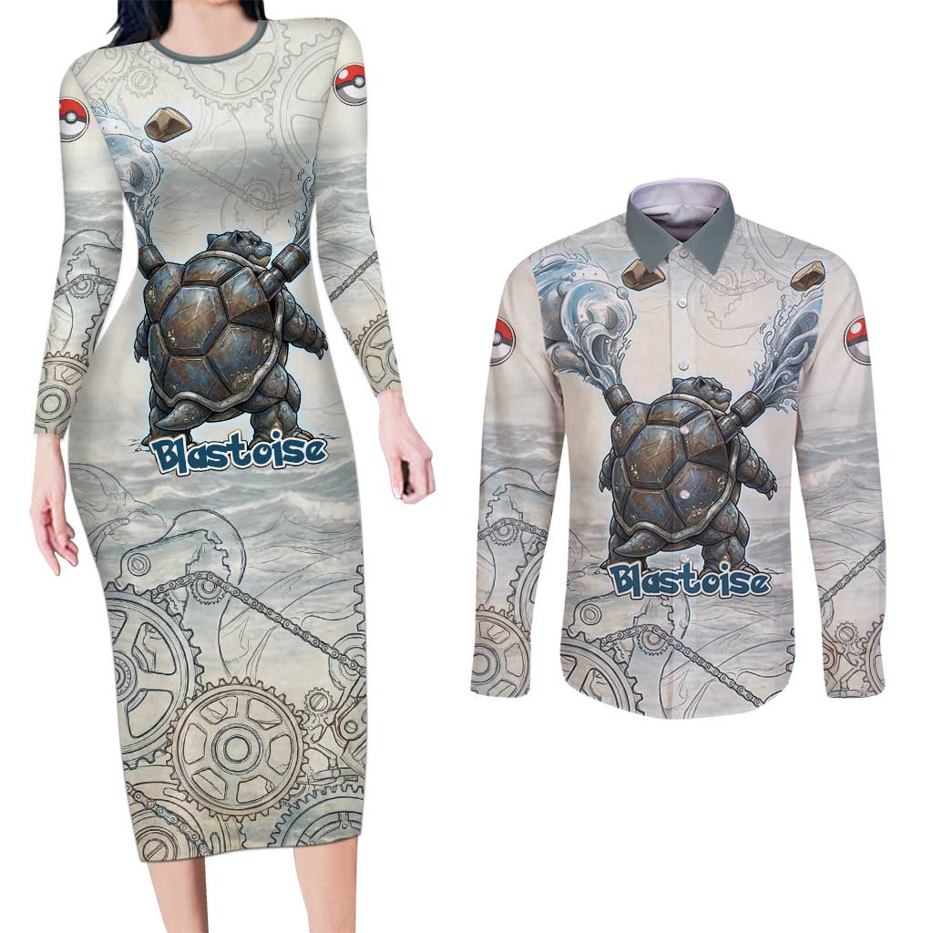 Blastoise Couples Matching Long Sleeve Bodycon Dress and Long Sleeve Button Shirt Steampunk Mechanical Gear Art