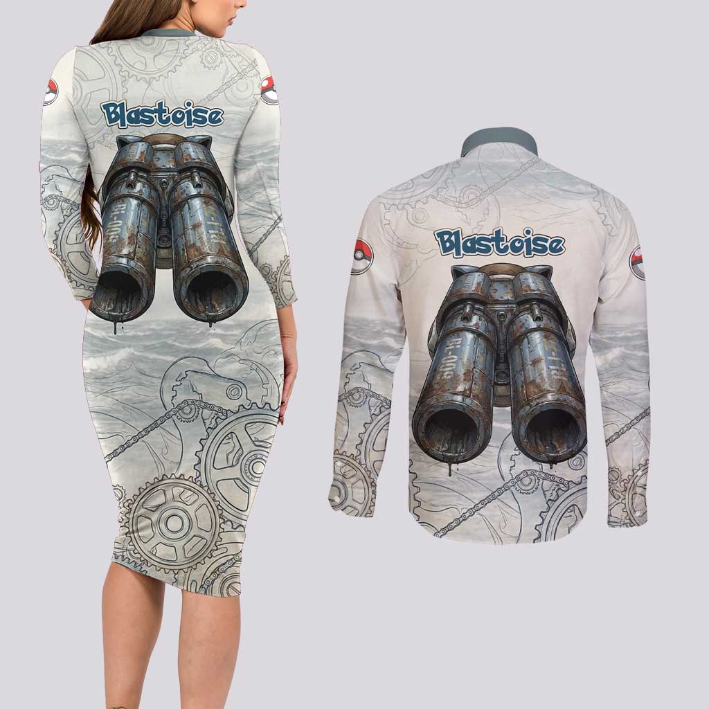 Blastoise Couples Matching Long Sleeve Bodycon Dress and Long Sleeve Button Shirt Steampunk Mechanical Gear Art