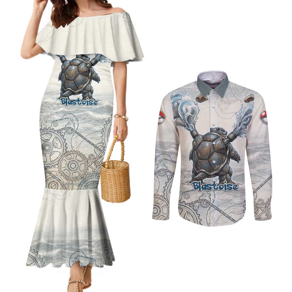 Blastoise Couples Matching Mermaid Dress and Long Sleeve Button Shirt Steampunk Mechanical Gear Art