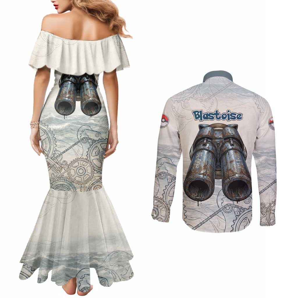Blastoise Couples Matching Mermaid Dress and Long Sleeve Button Shirt Steampunk Mechanical Gear Art