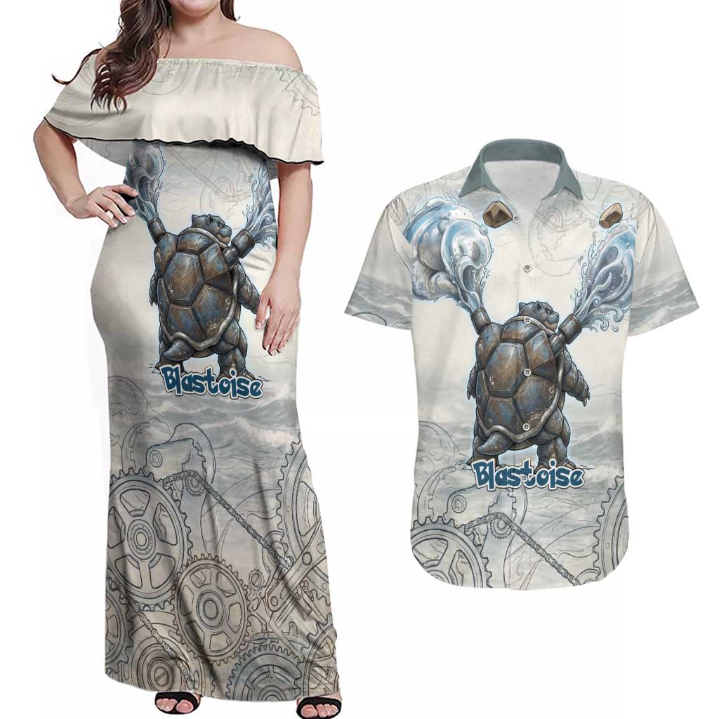 Blastoise Couples Matching Off Shoulder Maxi Dress and Hawaiian Shirt Steampunk Mechanical Gear Art