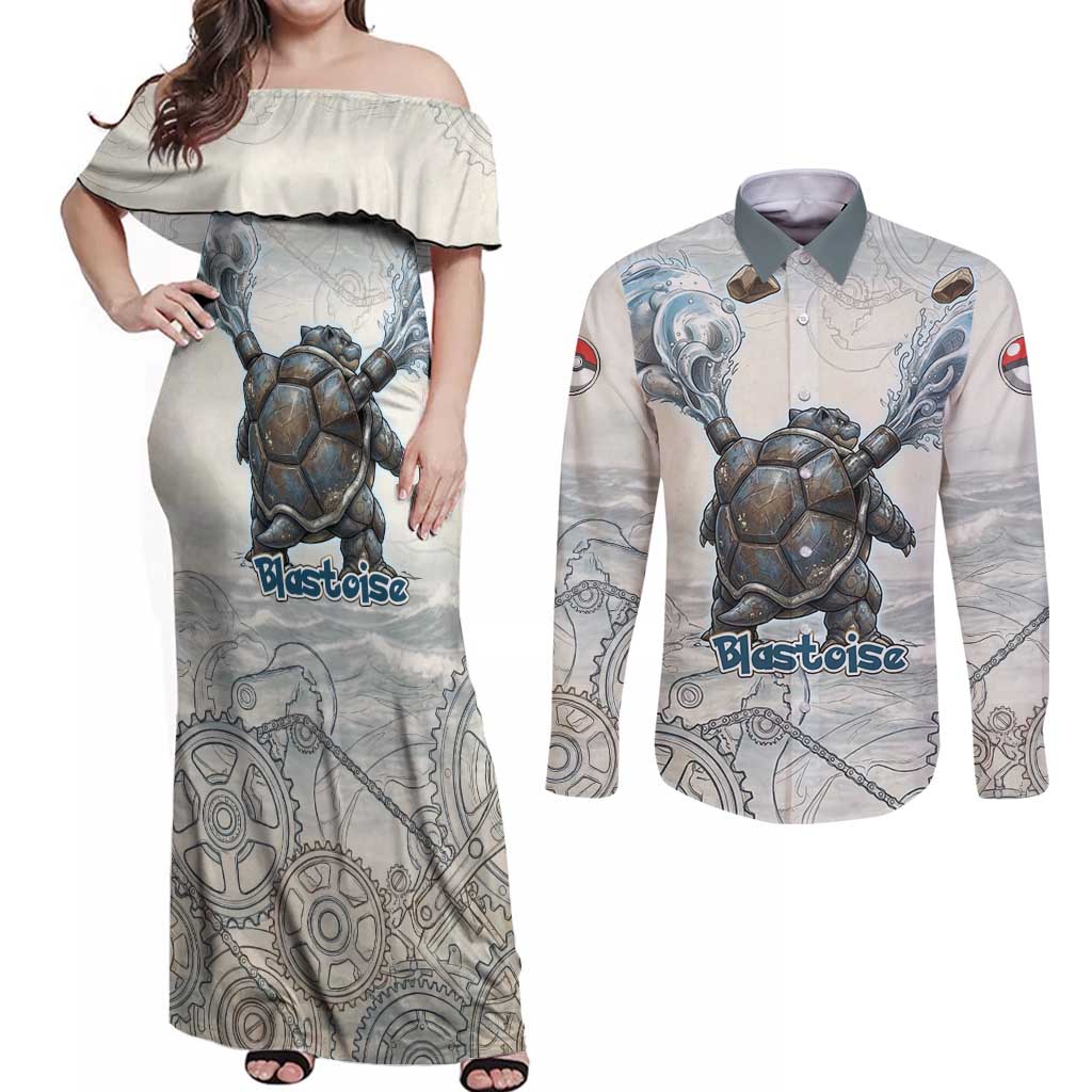 Blastoise Couples Matching Off Shoulder Maxi Dress and Long Sleeve Button Shirt Steampunk Mechanical Gear Art