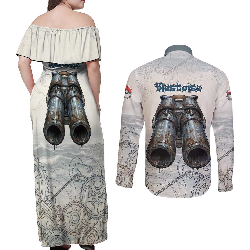 Blastoise Couples Matching Off Shoulder Maxi Dress and Long Sleeve Button Shirt Steampunk Mechanical Gear Art