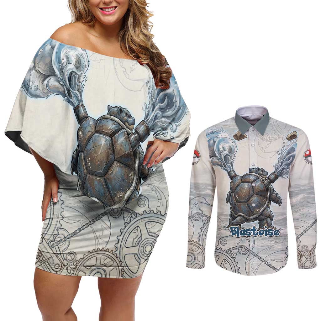 Blastoise Couples Matching Off Shoulder Short Dress and Long Sleeve Button Shirt Steampunk Mechanical Gear Art