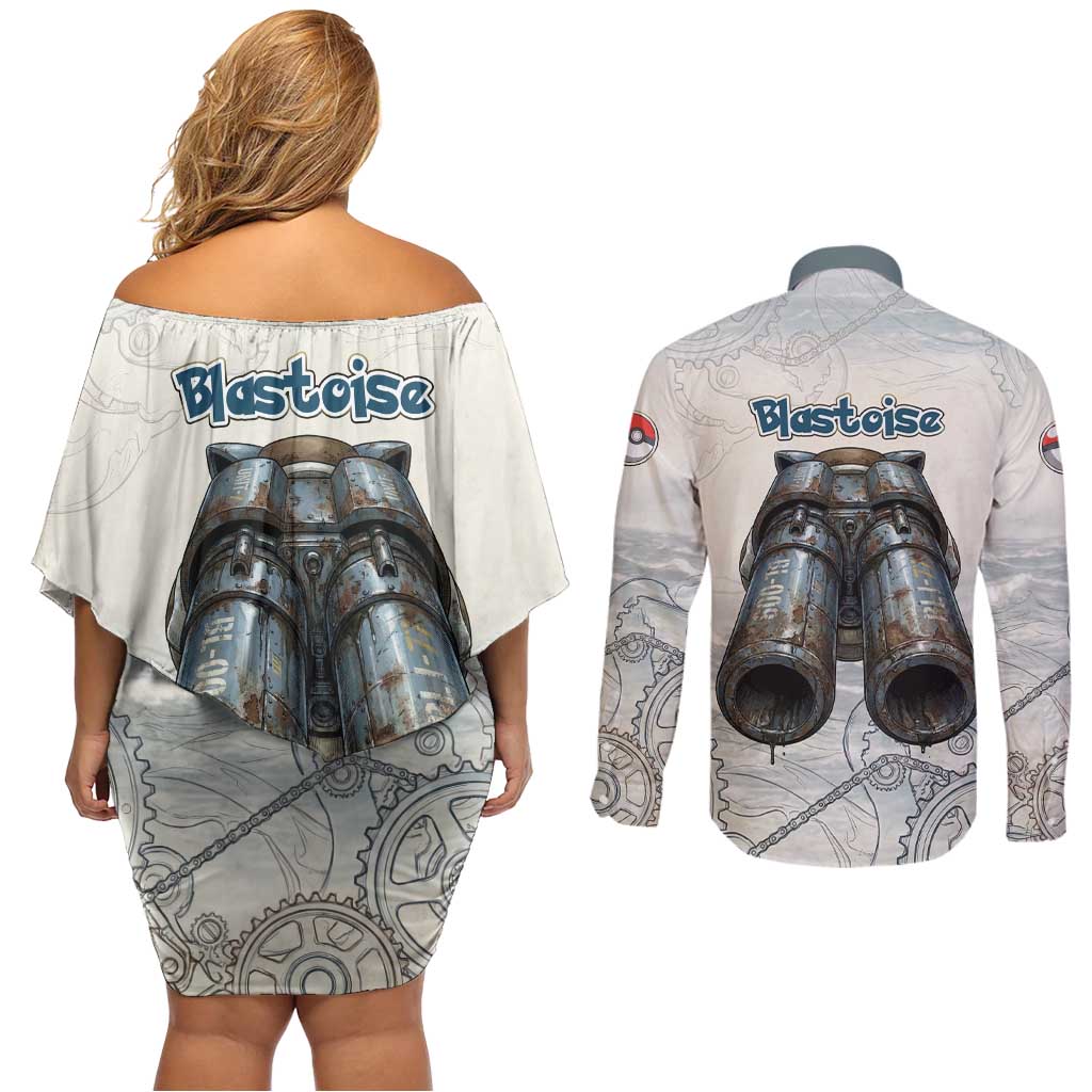 Blastoise Couples Matching Off Shoulder Short Dress and Long Sleeve Button Shirt Steampunk Mechanical Gear Art