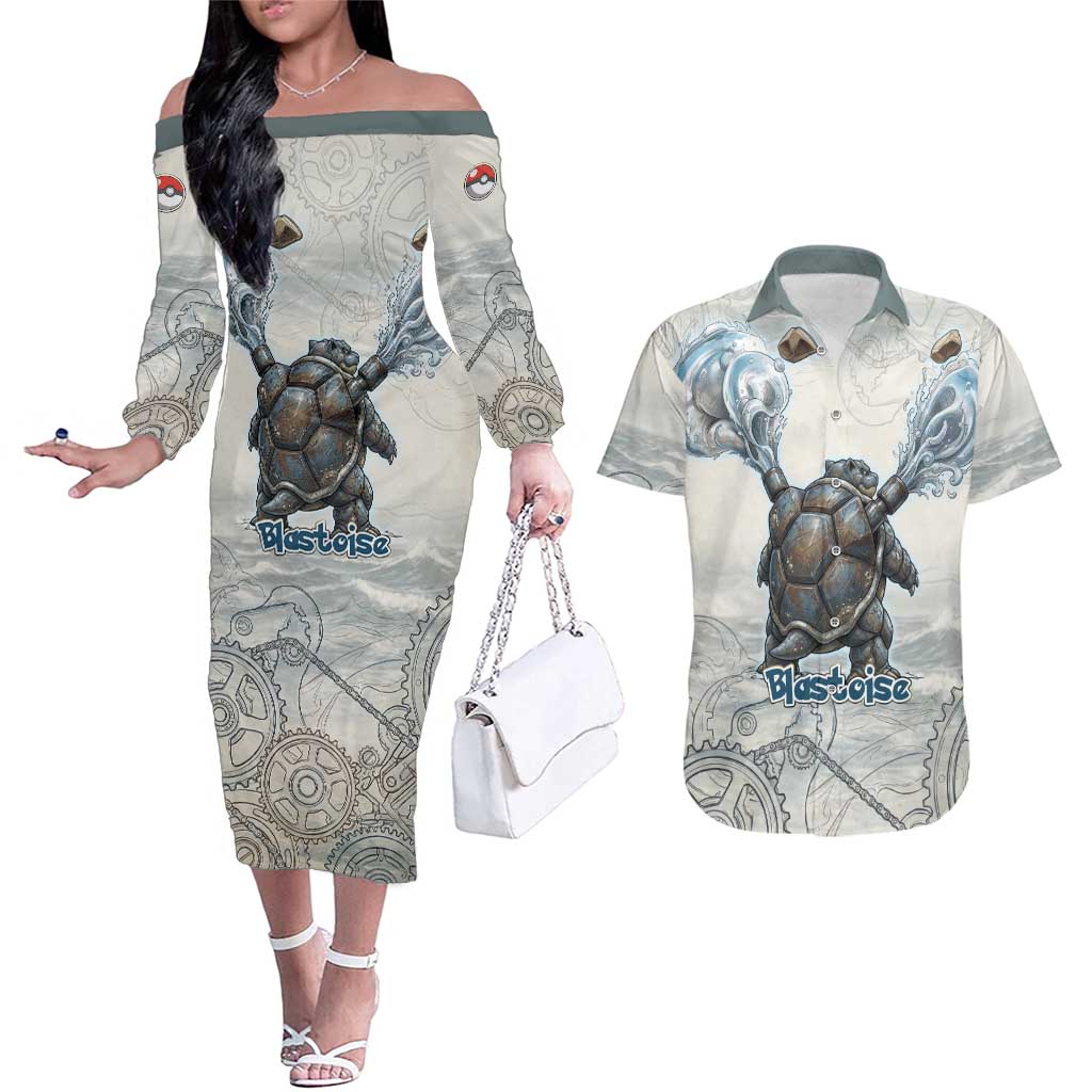Blastoise Couples Matching Off The Shoulder Long Sleeve Dress and Hawaiian Shirt Steampunk Mechanical Gear Art
