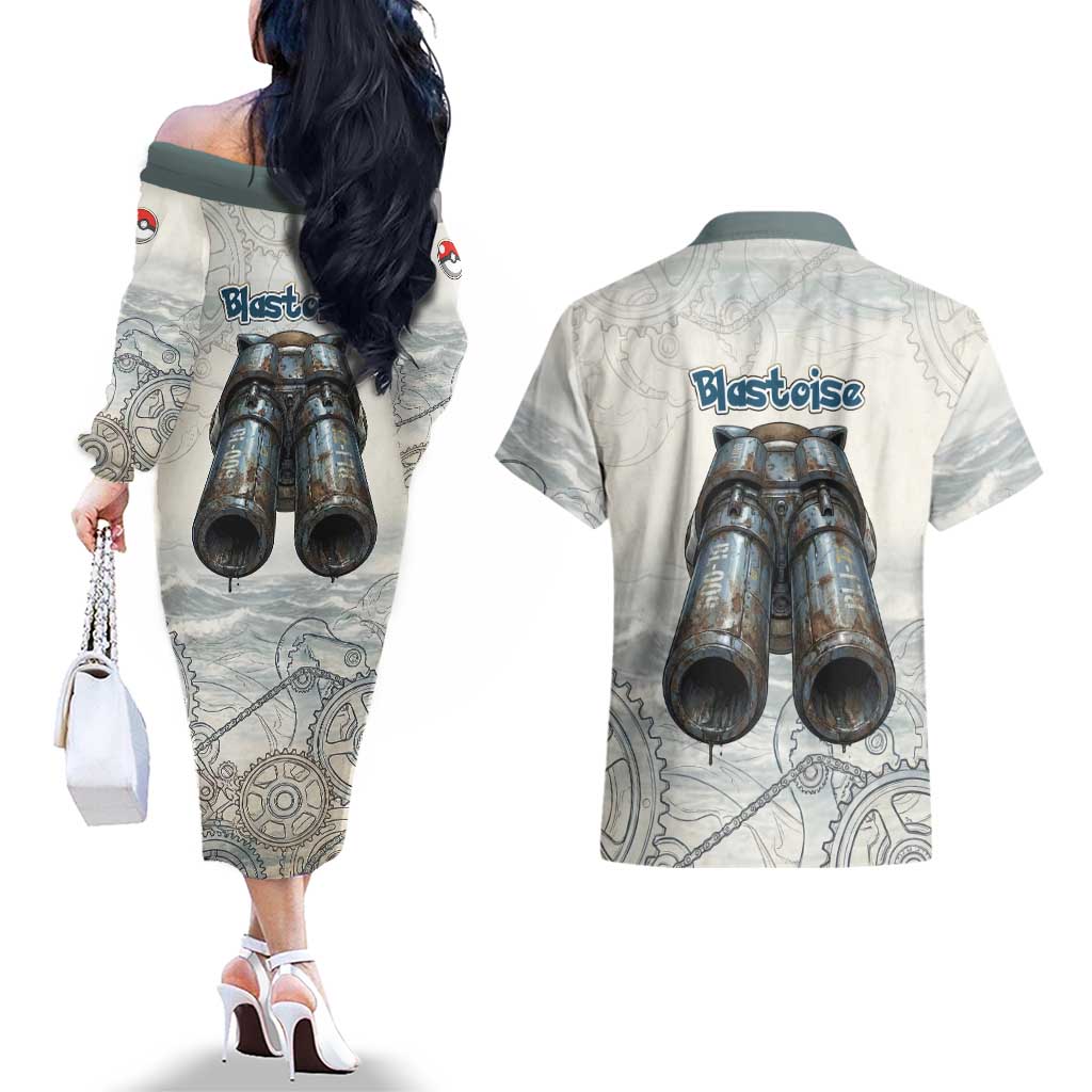 Blastoise Couples Matching Off The Shoulder Long Sleeve Dress and Hawaiian Shirt Steampunk Mechanical Gear Art