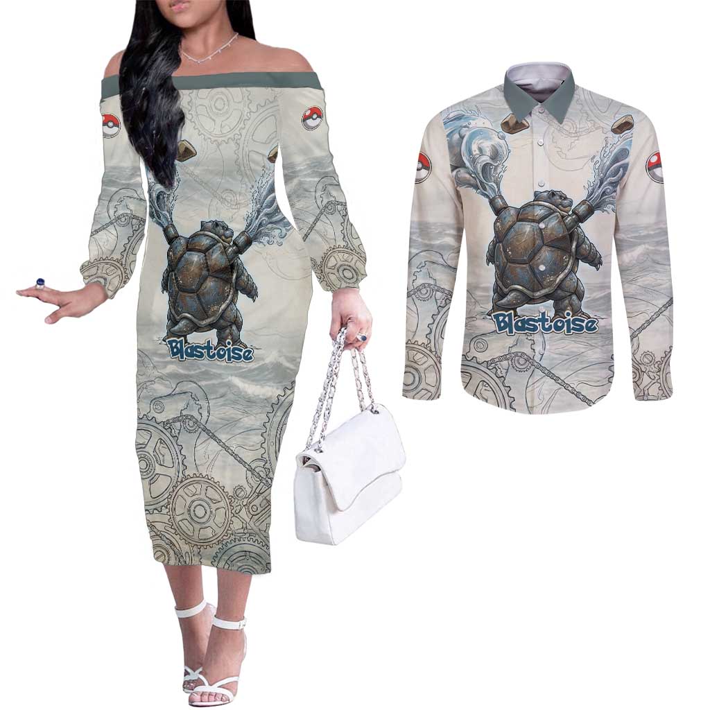 Blastoise Couples Matching Off The Shoulder Long Sleeve Dress and Long Sleeve Button Shirt Steampunk Mechanical Gear Art
