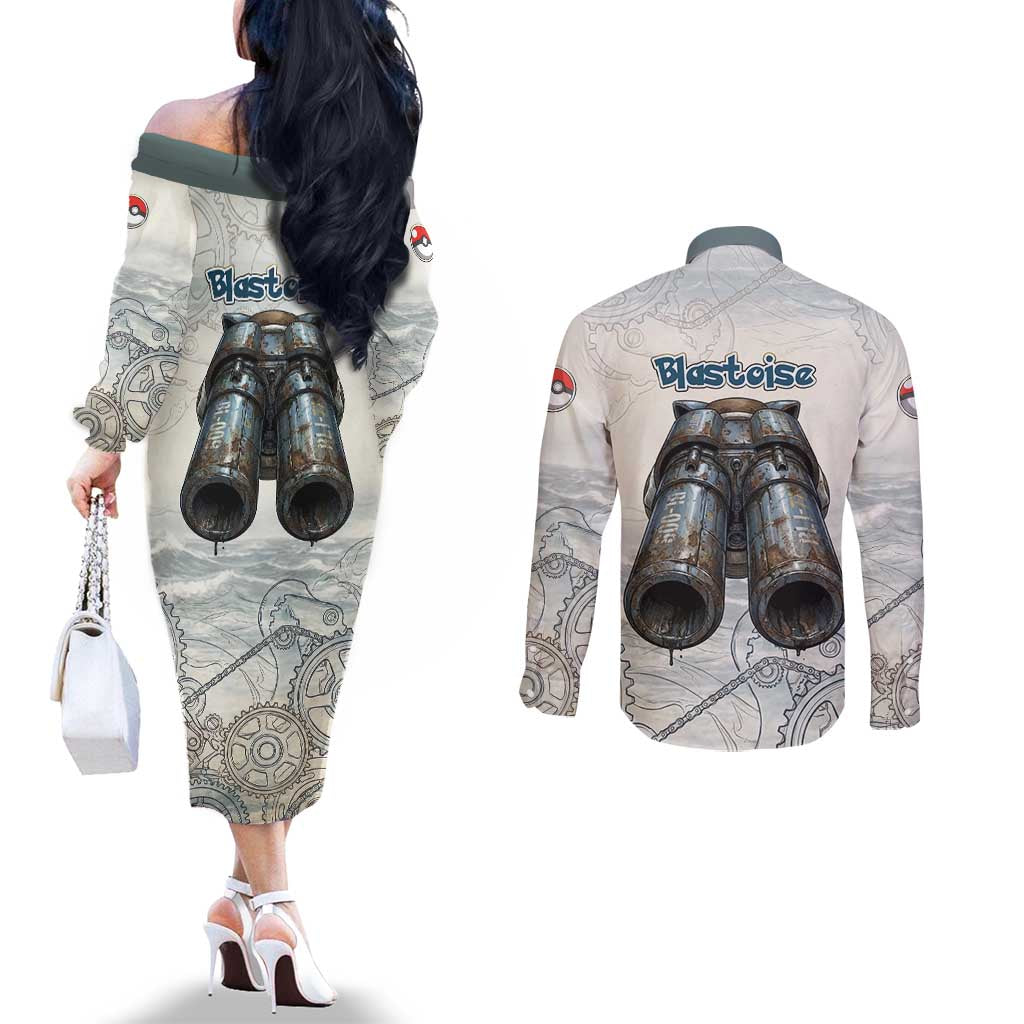 Blastoise Couples Matching Off The Shoulder Long Sleeve Dress and Long Sleeve Button Shirt Steampunk Mechanical Gear Art
