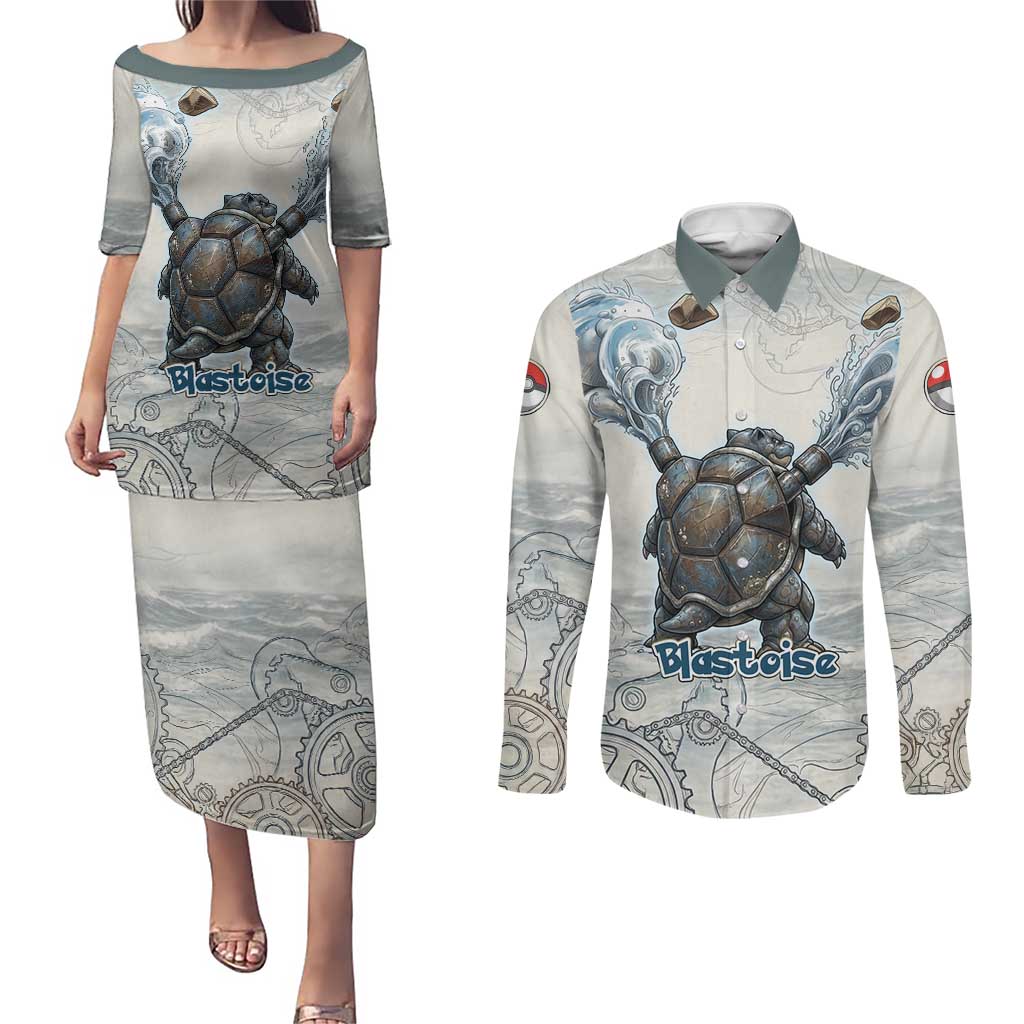 Blastoise Couples Matching Puletasi and Long Sleeve Button Shirt Steampunk Mechanical Gear Art
