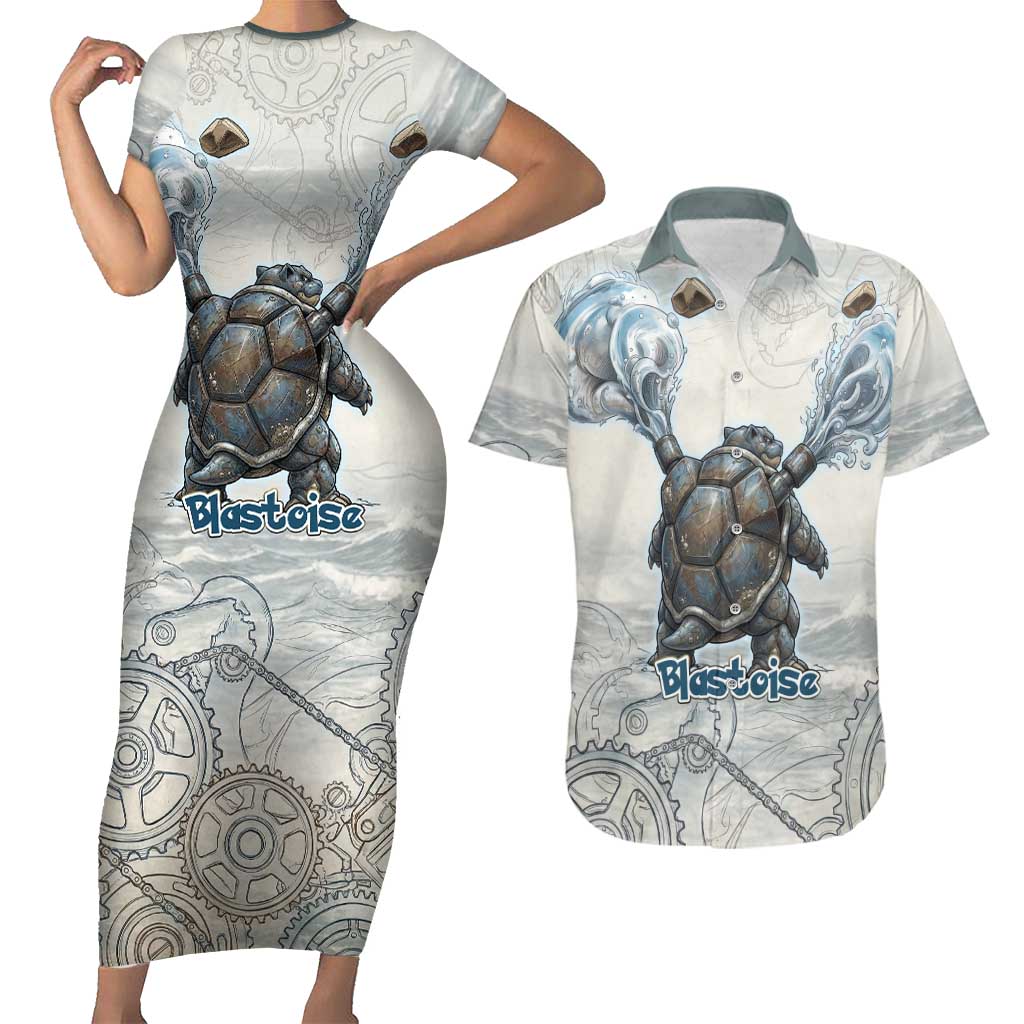Blastoise Couples Matching Short Sleeve Bodycon Dress and Hawaiian Shirt Steampunk Mechanical Gear Art