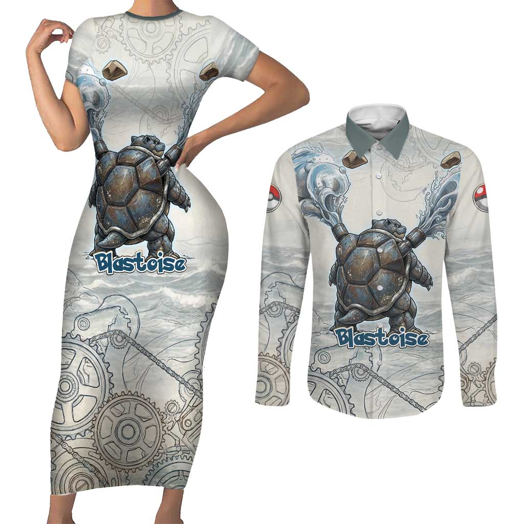 Blastoise Couples Matching Short Sleeve Bodycon Dress and Long Sleeve Button Shirt Steampunk Mechanical Gear Art