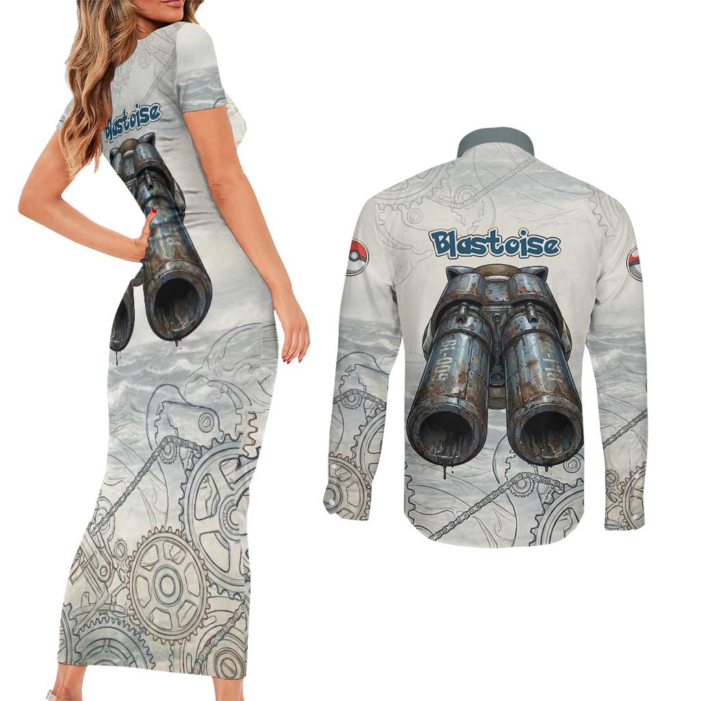 Blastoise Couples Matching Short Sleeve Bodycon Dress and Long Sleeve Button Shirt Steampunk Mechanical Gear Art