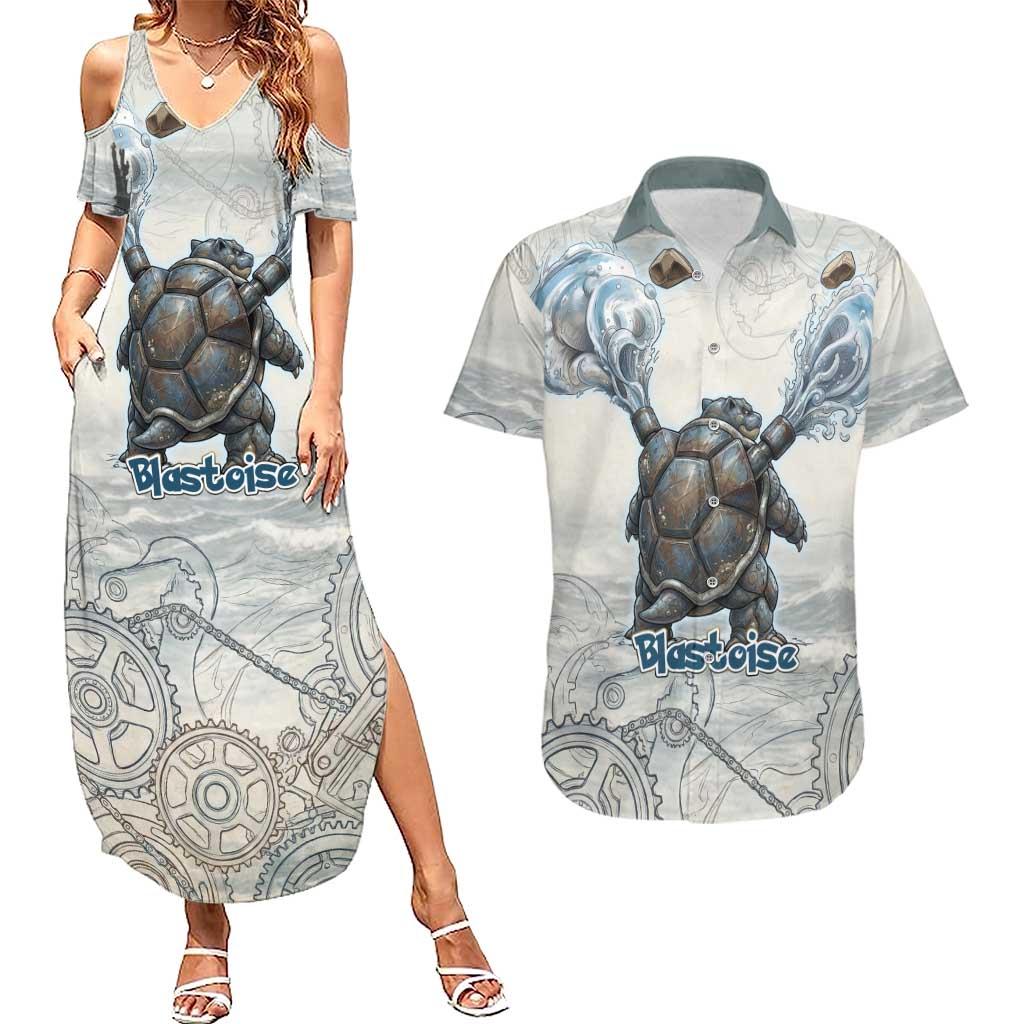 Blastoise Couples Matching Summer Maxi Dress and Hawaiian Shirt Steampunk Mechanical Gear Art