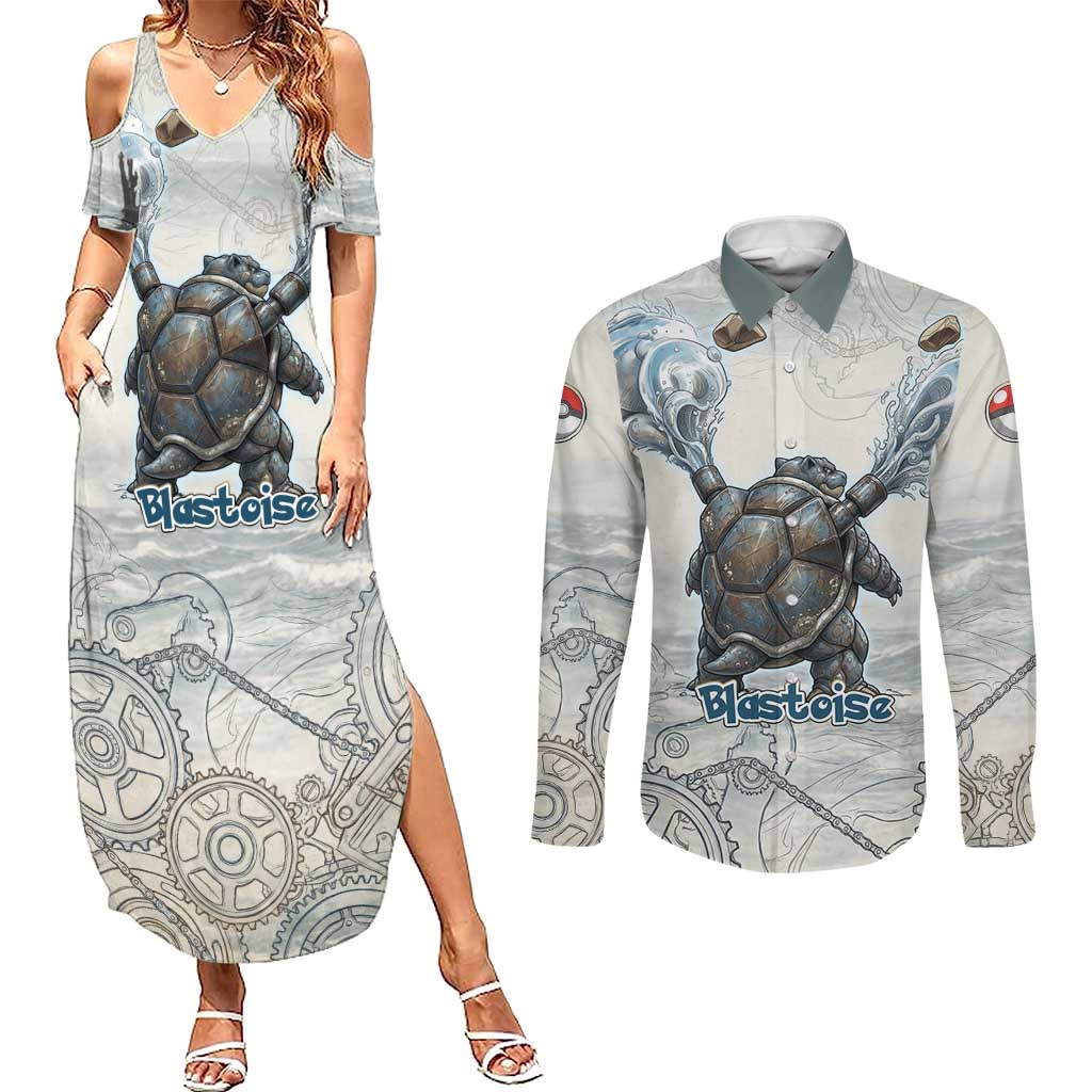 Blastoise Couples Matching Summer Maxi Dress and Long Sleeve Button Shirt Steampunk Mechanical Gear Art